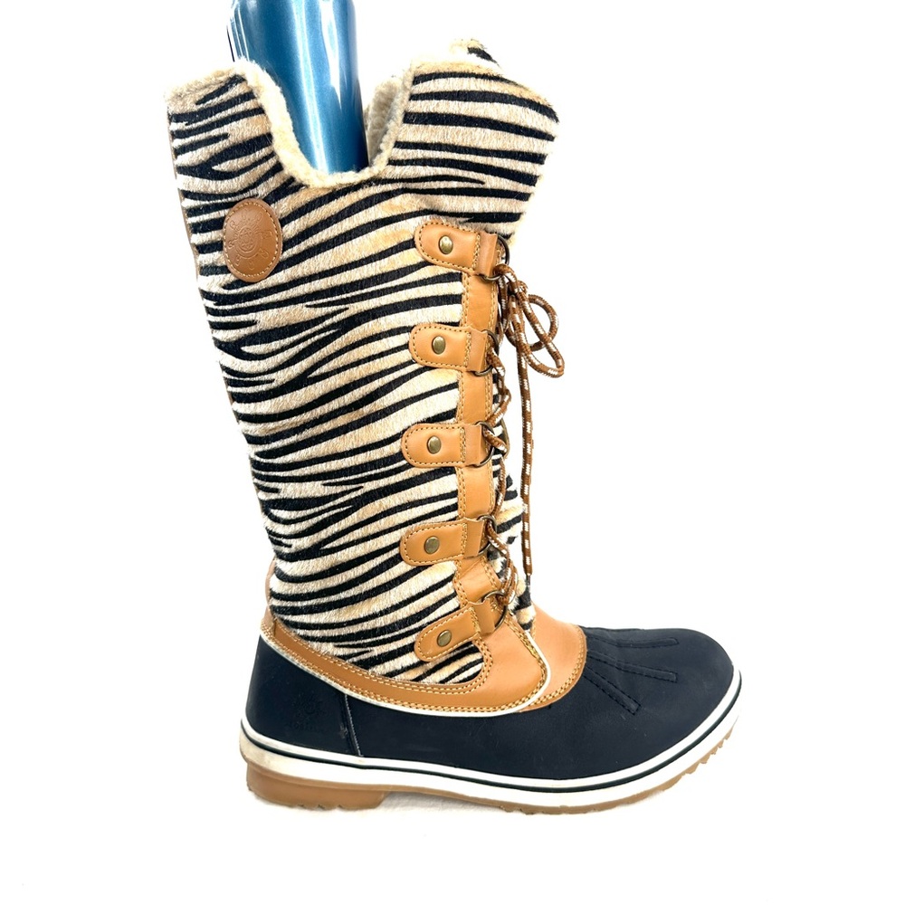 Global Win Women Size 8.5 Tan Animal Striped Faux Fur Mid Calf Boot Lace Up